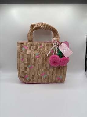 Miss Gwen's OMG Accessories Cherry Patched Straw Mini Tote Bag with Charm NWT